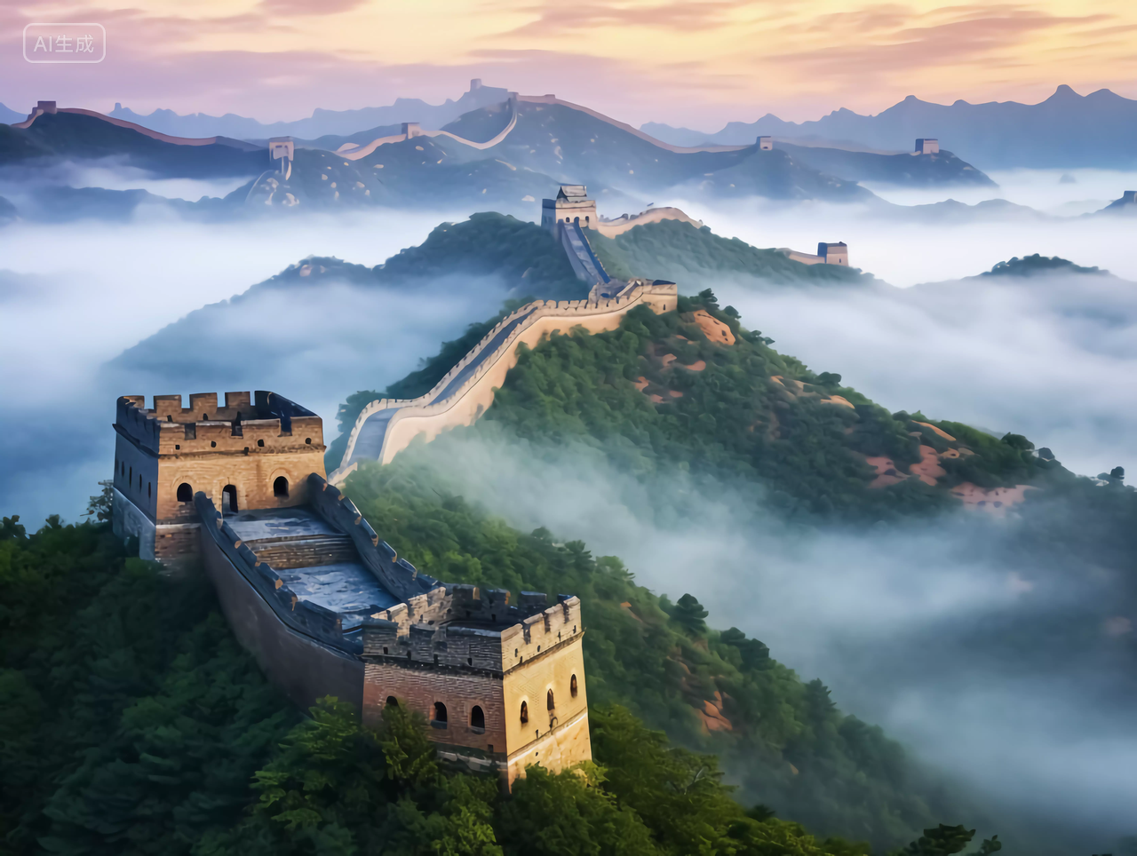 清晨云雾缭绕的雄伟长城连绵起伏的山脉中国著名景点旅行山河辽阔图