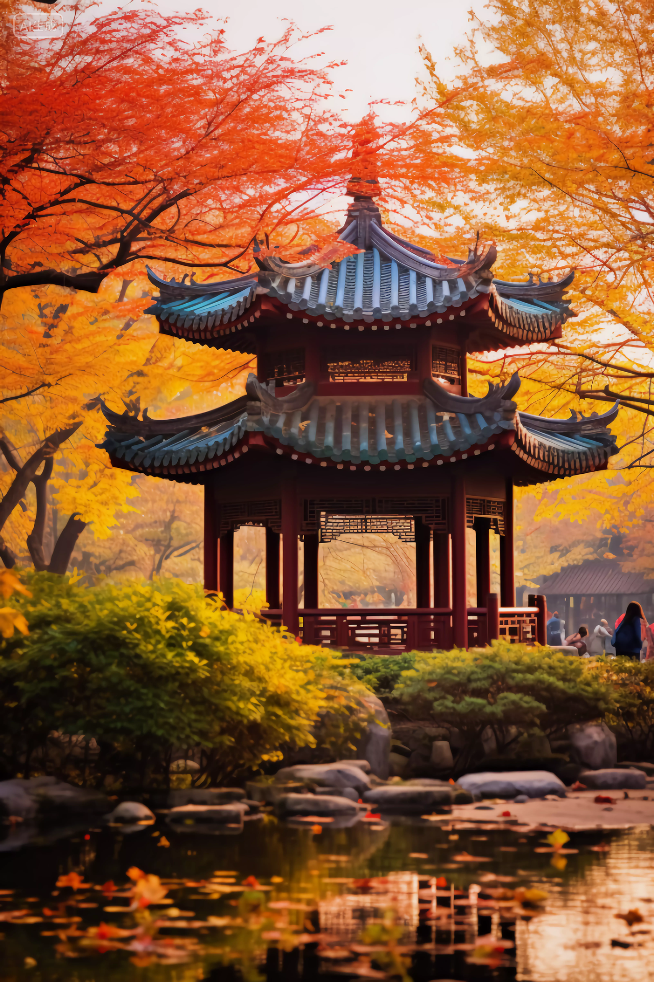 立秋秋天枫叶下的亭子中国传统建筑古风凉亭