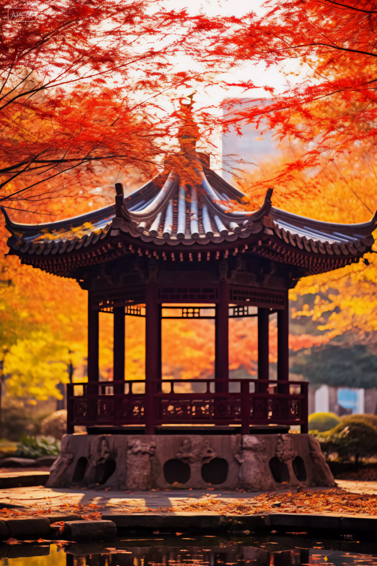 立秋秋天枫叶下的亭子中国传统建筑古风凉亭