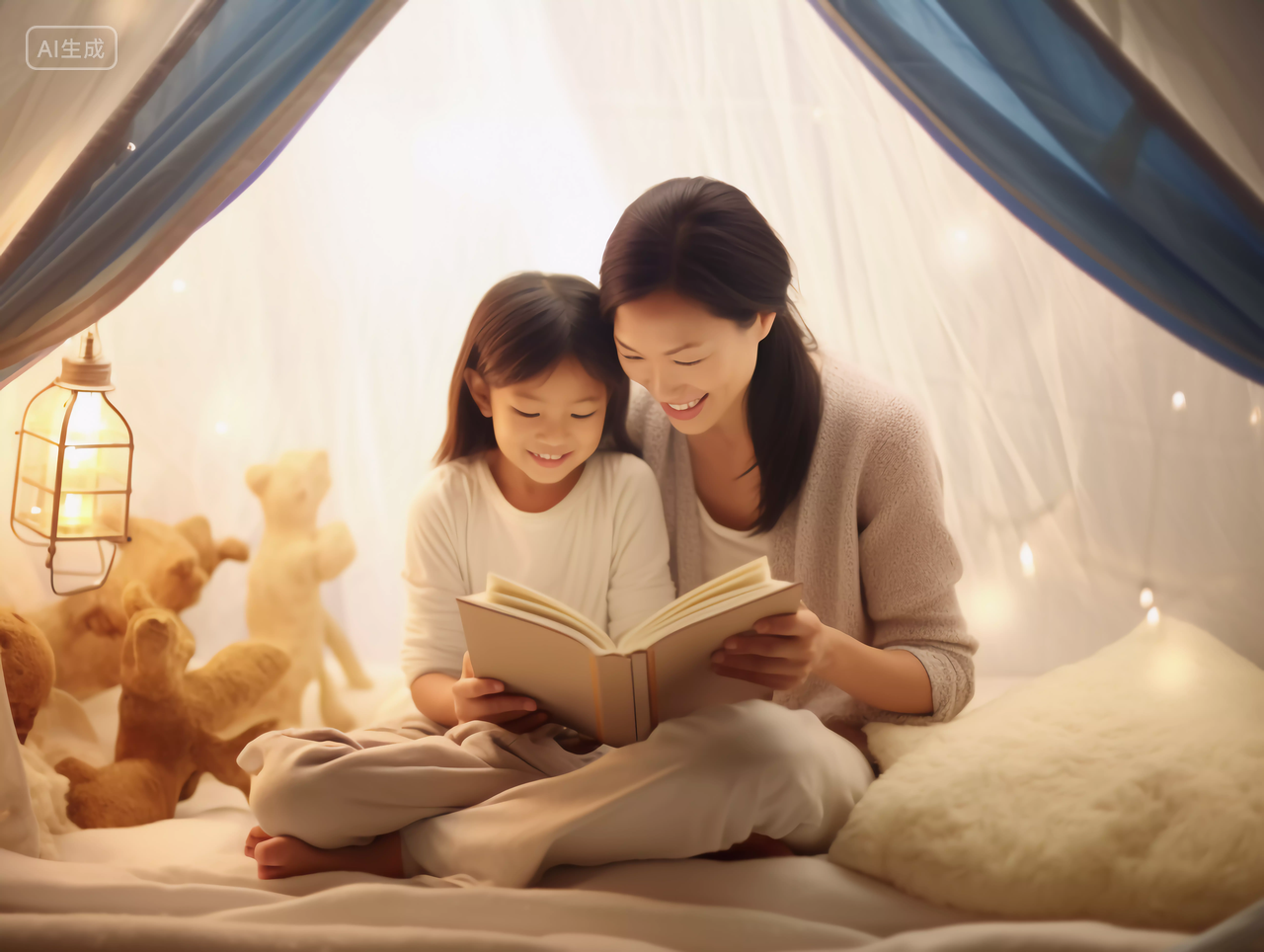 亲子阅读妈妈抱着孩子在帐篷里笑着看书读书阅读投入学习书本知识教育文化世界读书日