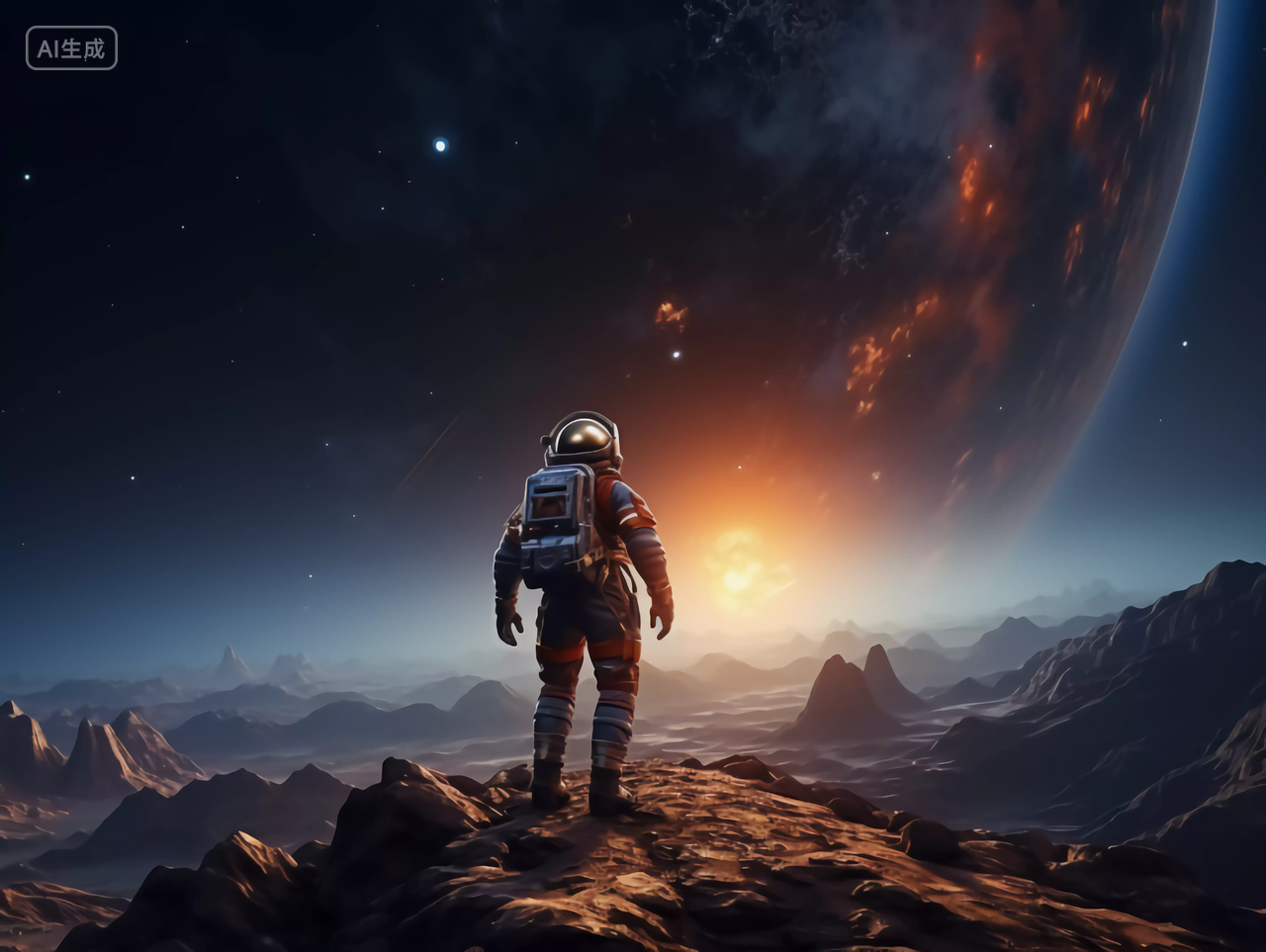 太空漂浮的宇航员走在行星表面探索火星宇宙航天科技概念图