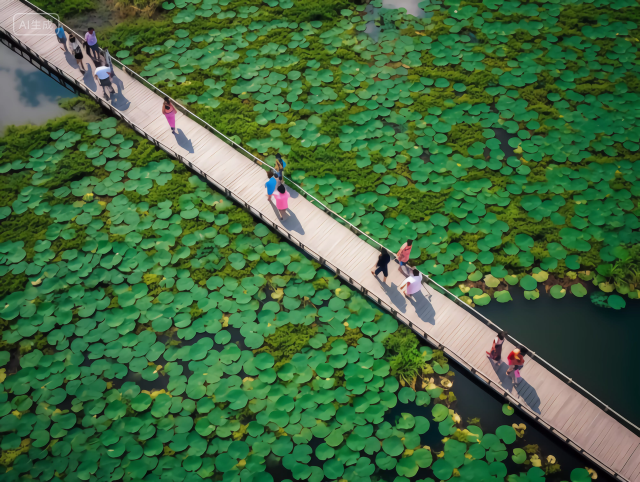 人们走在荷塘上的木桥上夏天荷花风景立夏夏至小暑大暑处暑电脑壁纸背景图