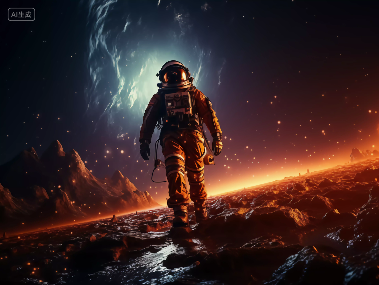太空漂浮的宇航员走在行星表面探索火星宇宙航天科技概念图