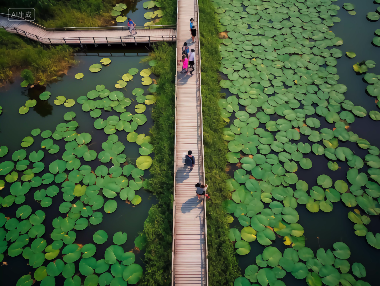 人们走在荷塘上的木桥上夏天荷花风景立夏夏至小暑大暑处暑电脑壁纸背景图
