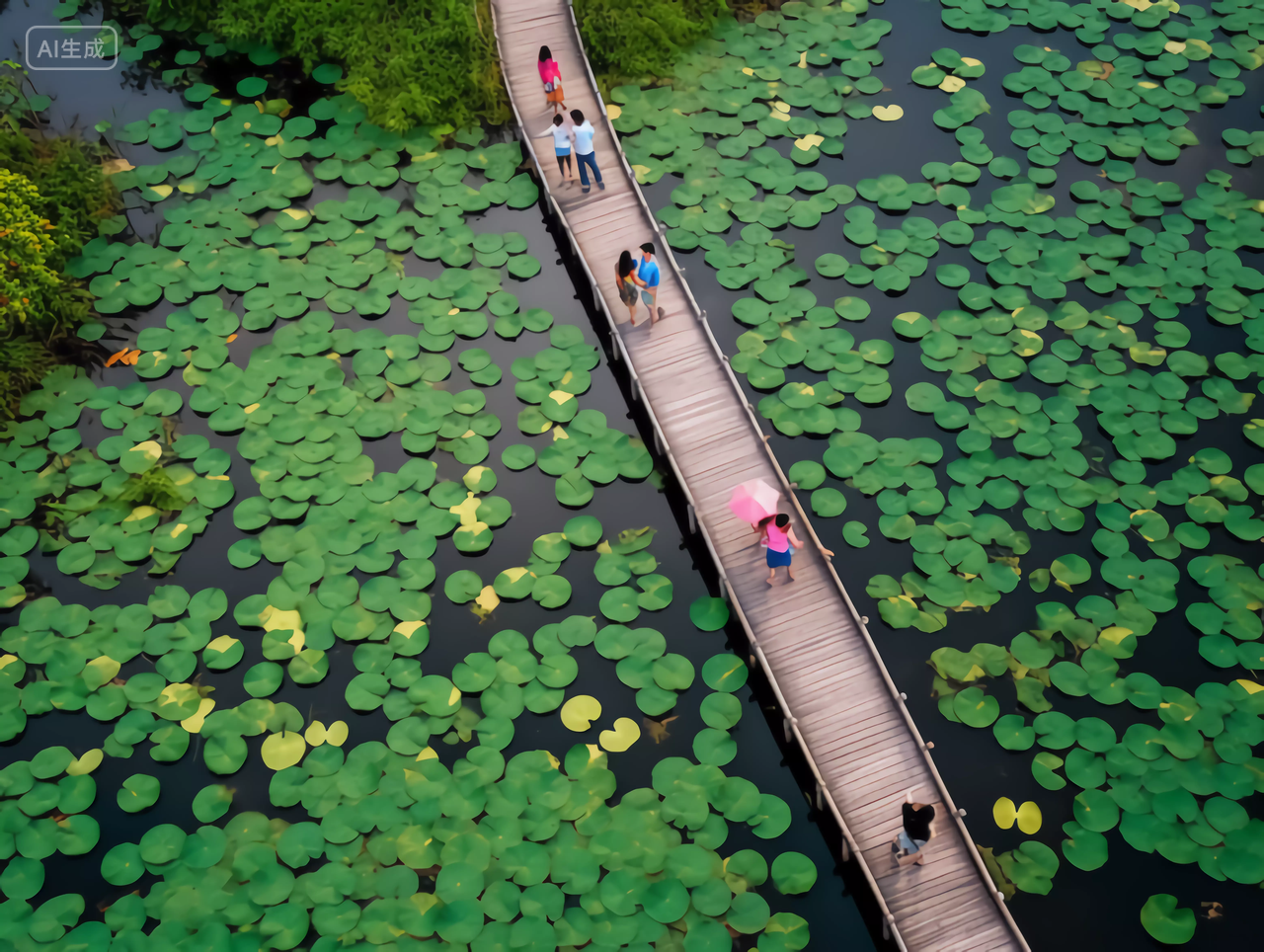 人们走在荷塘上的木桥上夏天荷花风景立夏夏至小暑大暑处暑电脑壁纸背景图