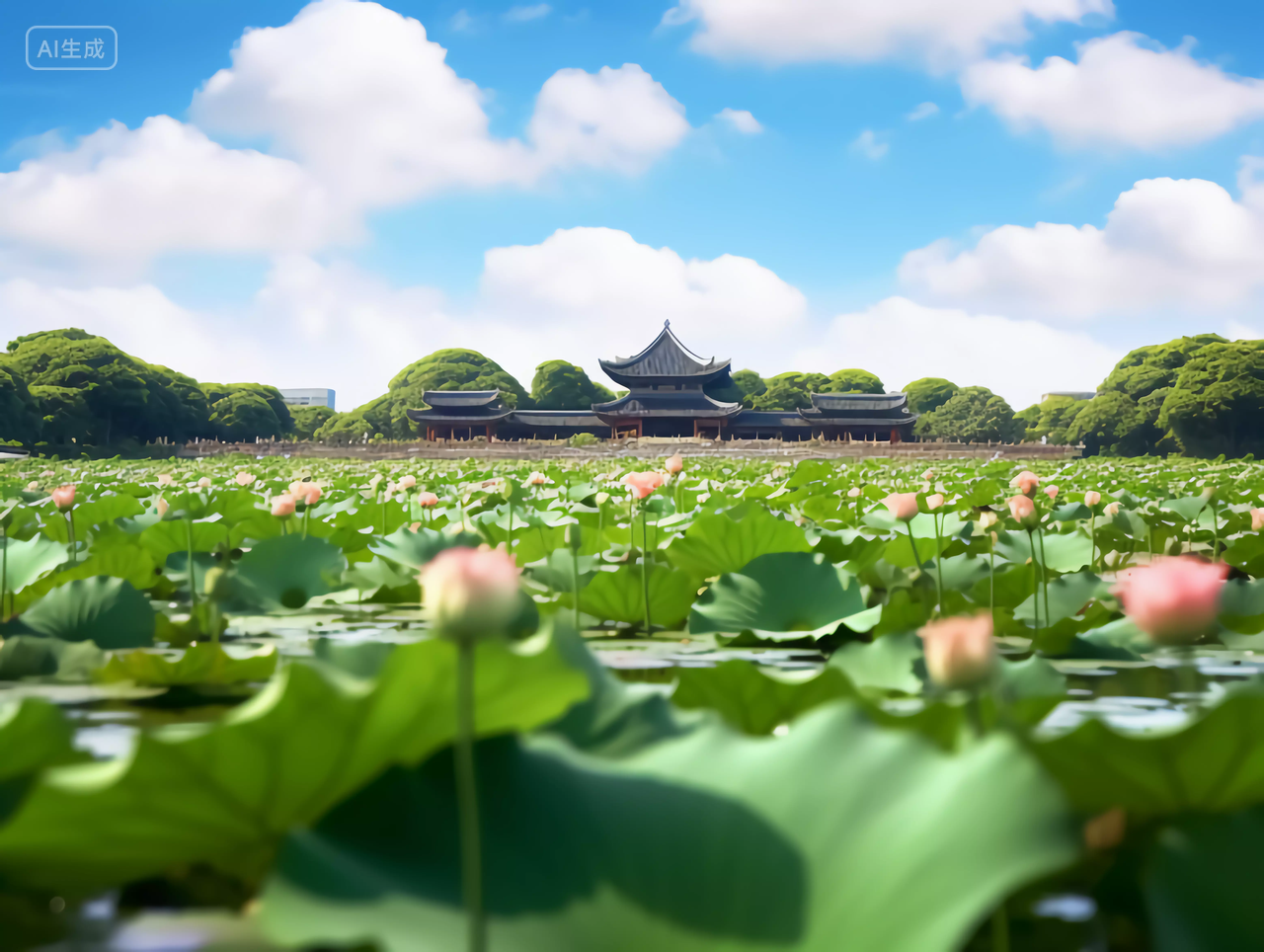 夏天荷花池塘风景深处的中式建筑亭子立夏夏至小暑大暑处暑电脑壁纸背景图