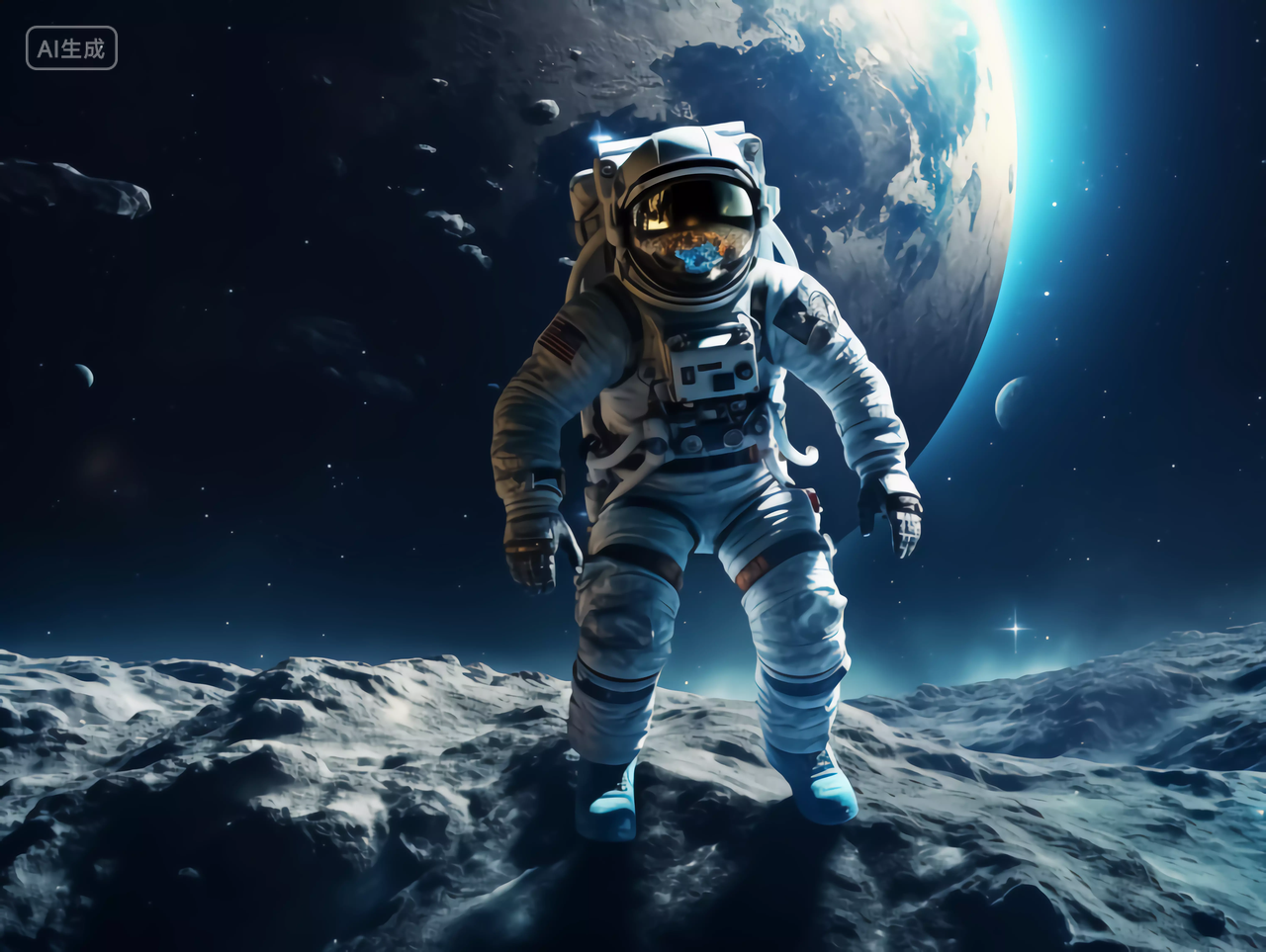 航天科技宇航员踩在月球表面背景是蓝色地球太空宇宙探索概念图