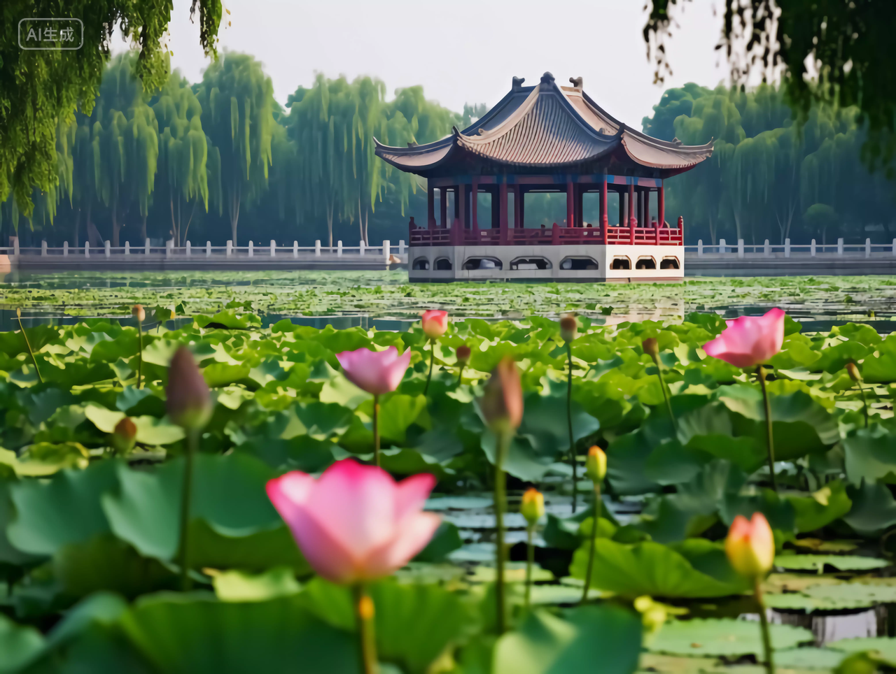 夏天荷花池塘风景深处的中式建筑亭子立夏夏至小暑大暑处暑电脑壁纸背景图