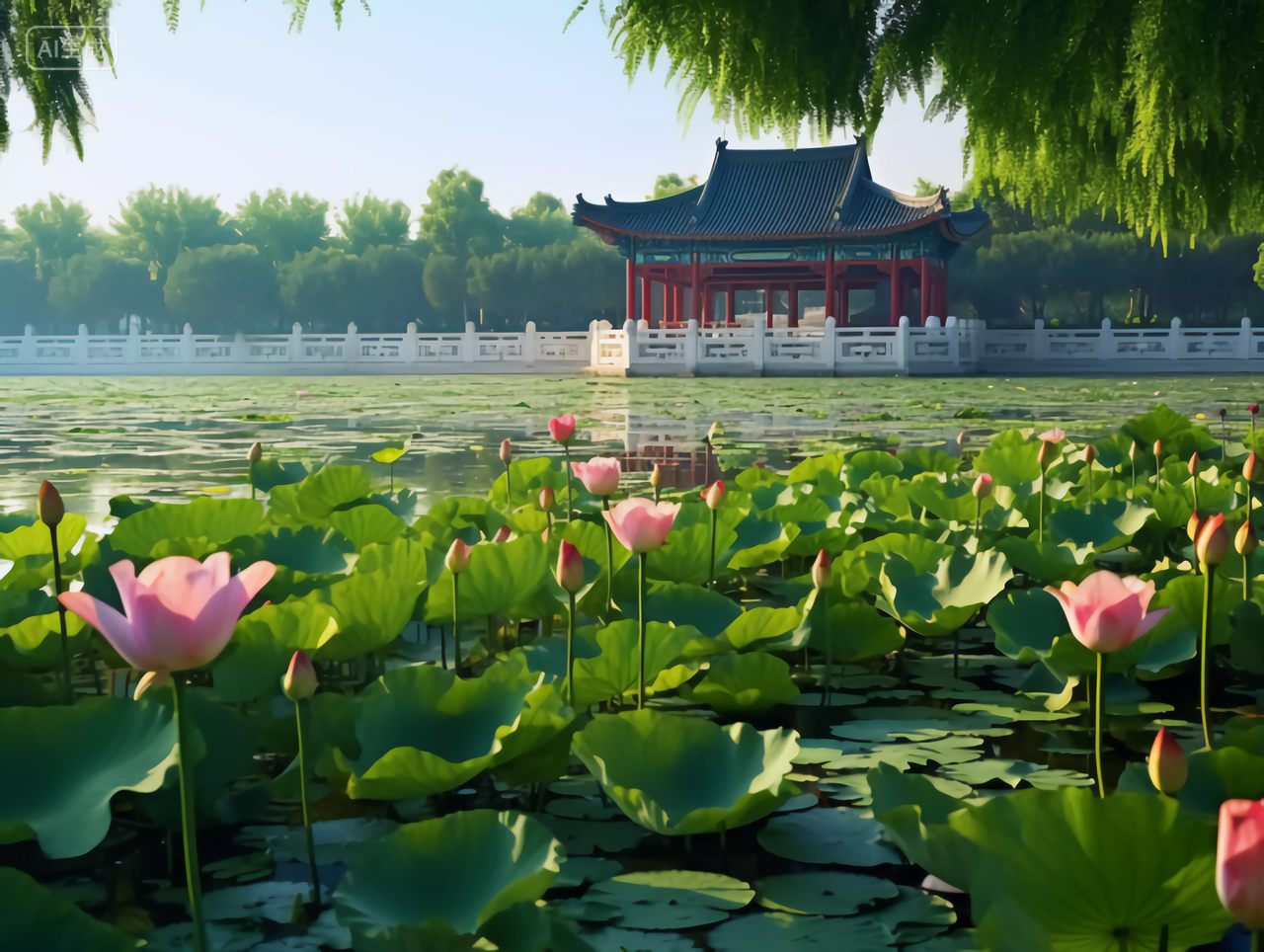 夏天荷花池塘风景深处的中式建筑亭子立夏夏至小暑大暑处暑电脑壁纸背景图