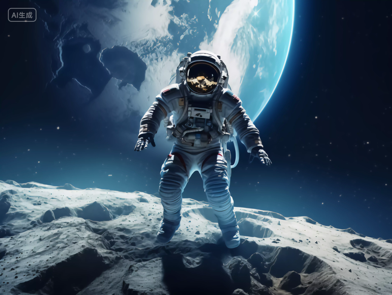 航天科技宇航员踩在月球表面背景是蓝色地球太空宇宙探索概念图