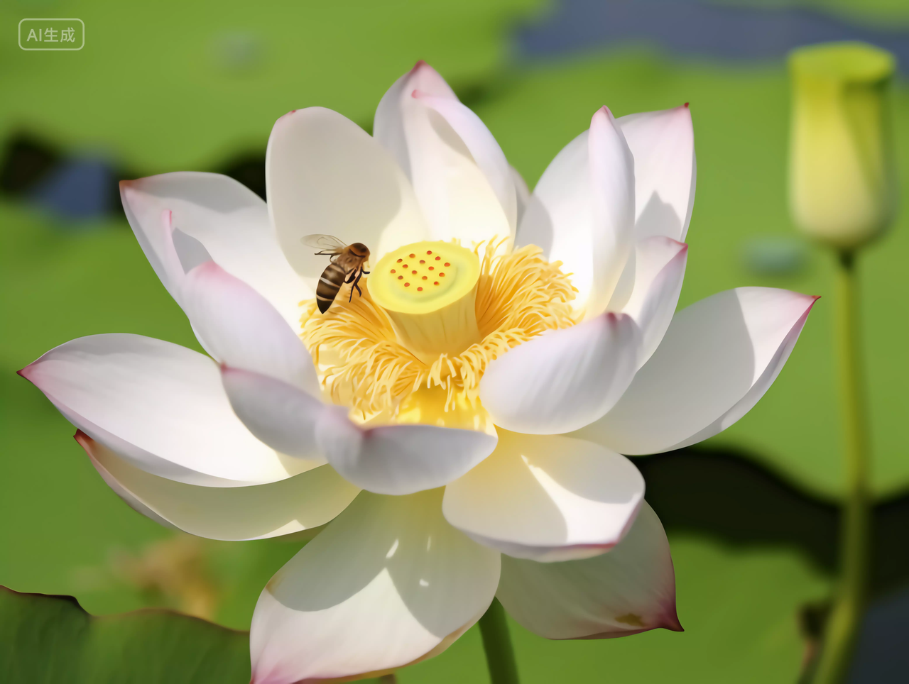 一只蜜蜂停在白色荷花上的夏天荷花风景立夏夏至小暑大暑处暑电脑壁纸背景图