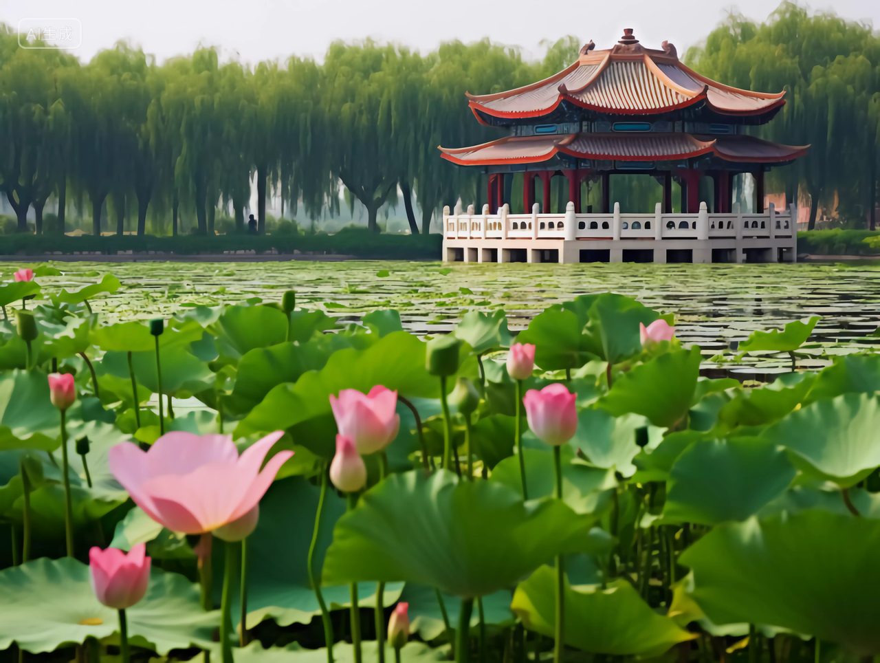 夏天荷花池塘风景深处的中式建筑亭子立夏夏至小暑大暑处暑电脑壁纸背景图