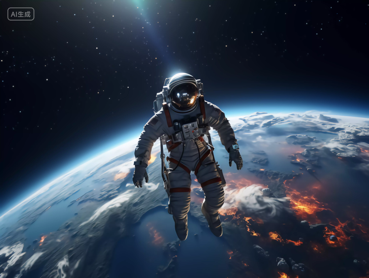 航天科技宇航员漂浮飞越地球太空宇宙探索概念图