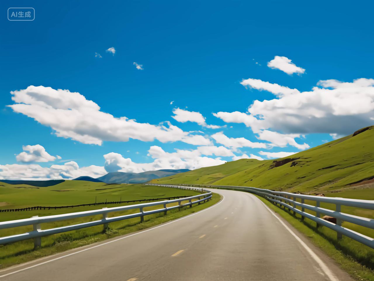 户外蓝天白云草原风景明亮背景公路护栏交通道路