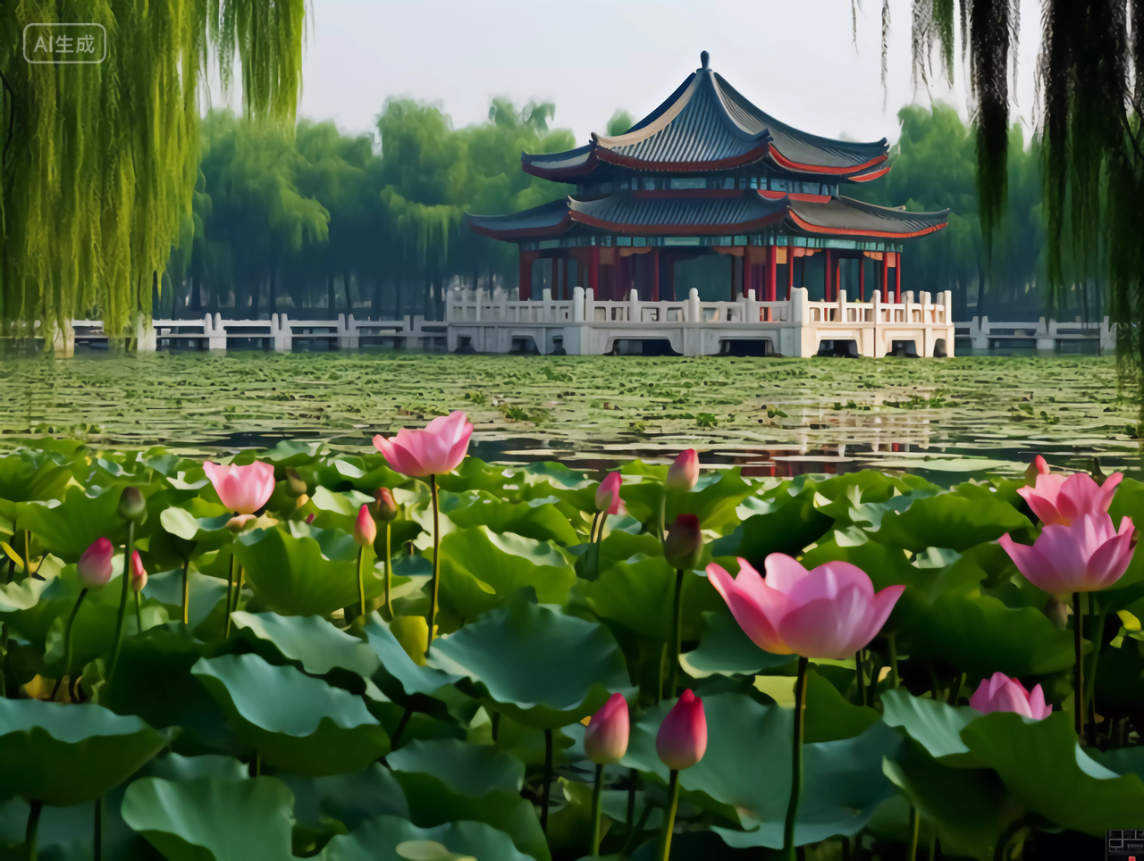 夏天荷花池塘风景深处的中式建筑亭子立夏夏至小暑大暑处暑电脑壁纸背景图