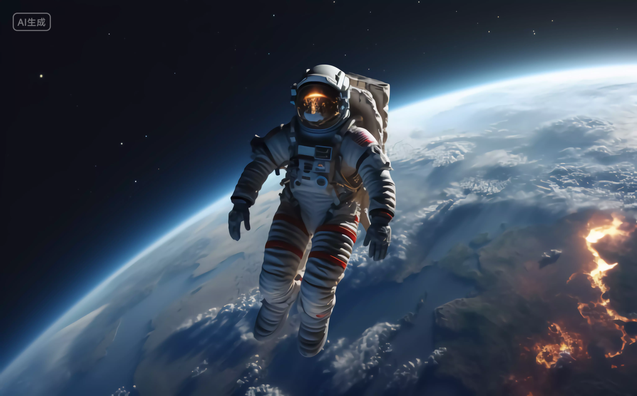 航天科技宇航员漂浮飞越地球太空宇宙探索概念图