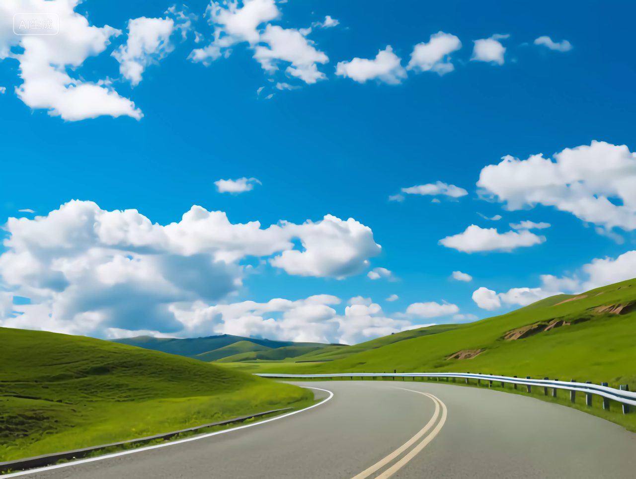 户外蓝天白云草原风景明亮背景公路护栏交通道路