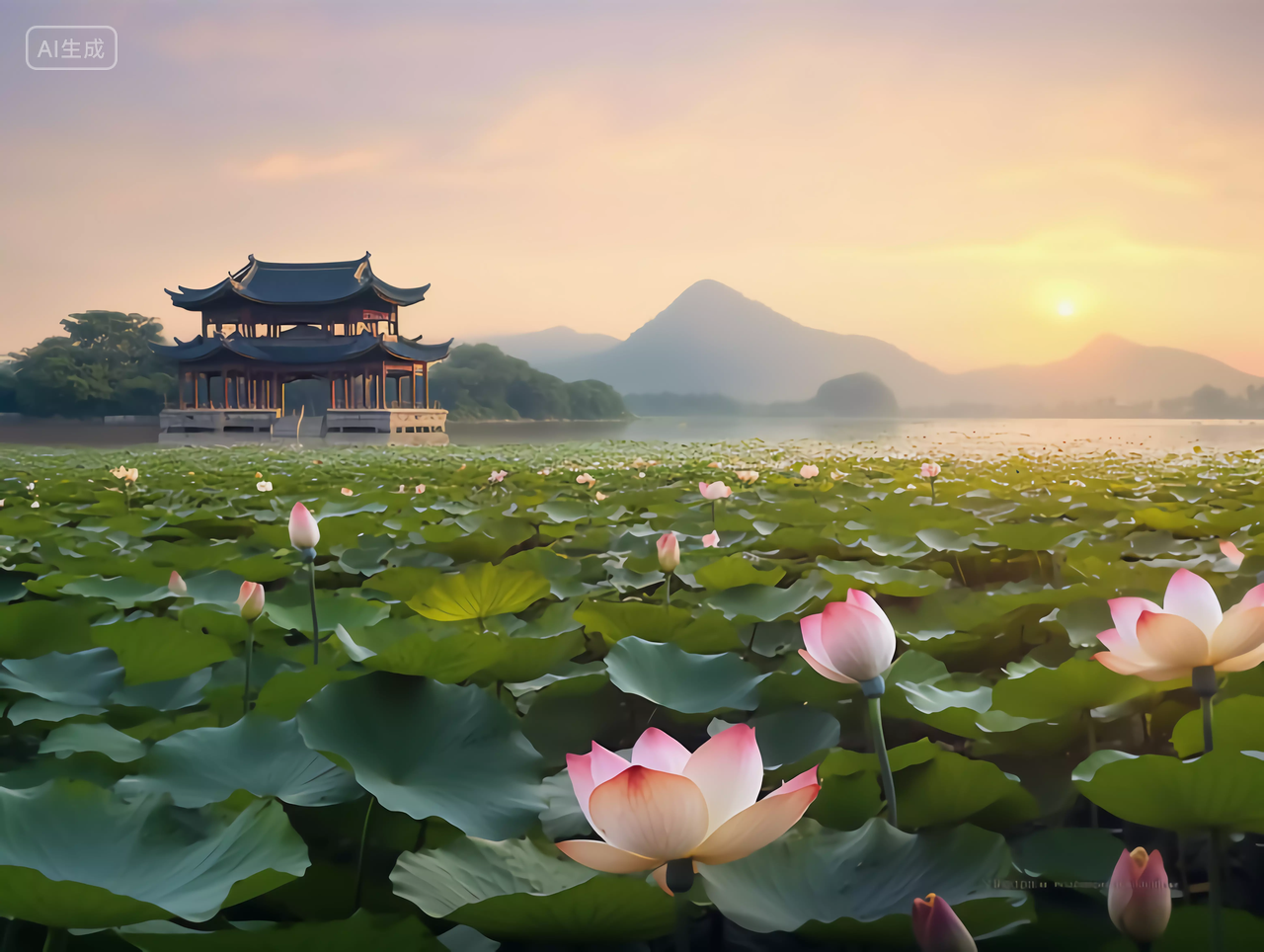 夏天荷花池塘风景深处的中式建筑亭子立夏夏至小暑大暑处暑电脑壁纸背景图
