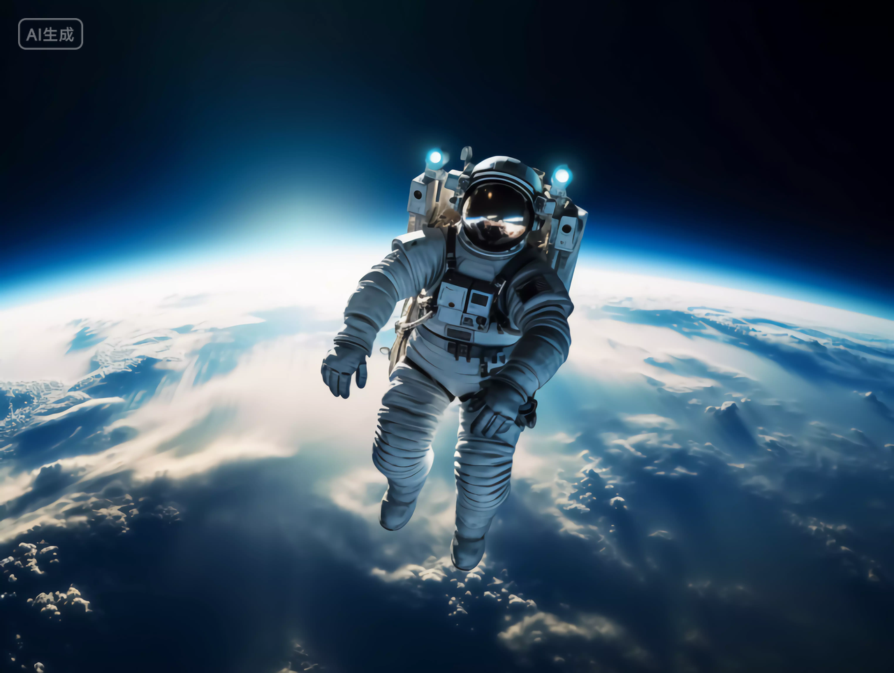 航天科技宇航员漂浮飞越地球太空宇宙探索概念图