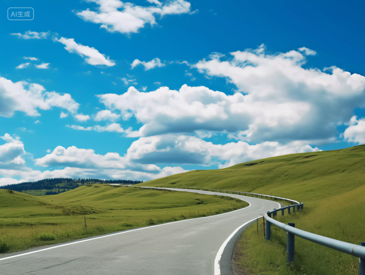户外蓝天白云草原风景明亮背景公路护栏交通道路