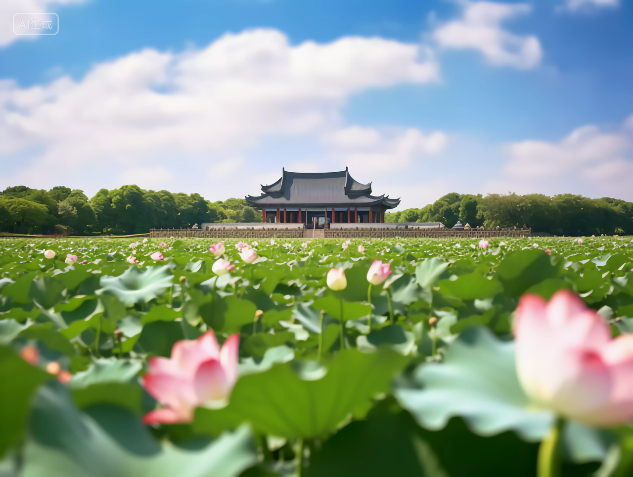 夏天荷花池塘风景深处的中式建筑亭子立夏夏至小暑大暑处暑电脑壁纸背景图