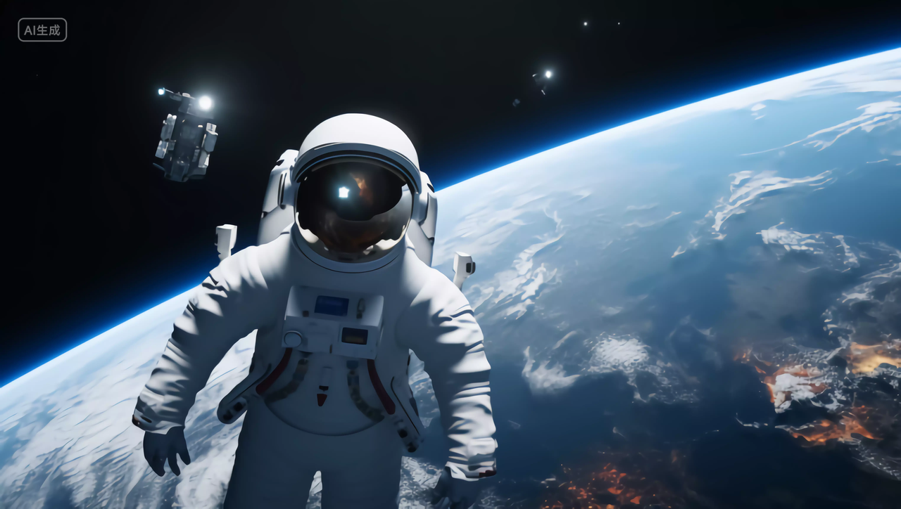 航天科技宇航员漂浮飞越地球太空宇宙探索概念图