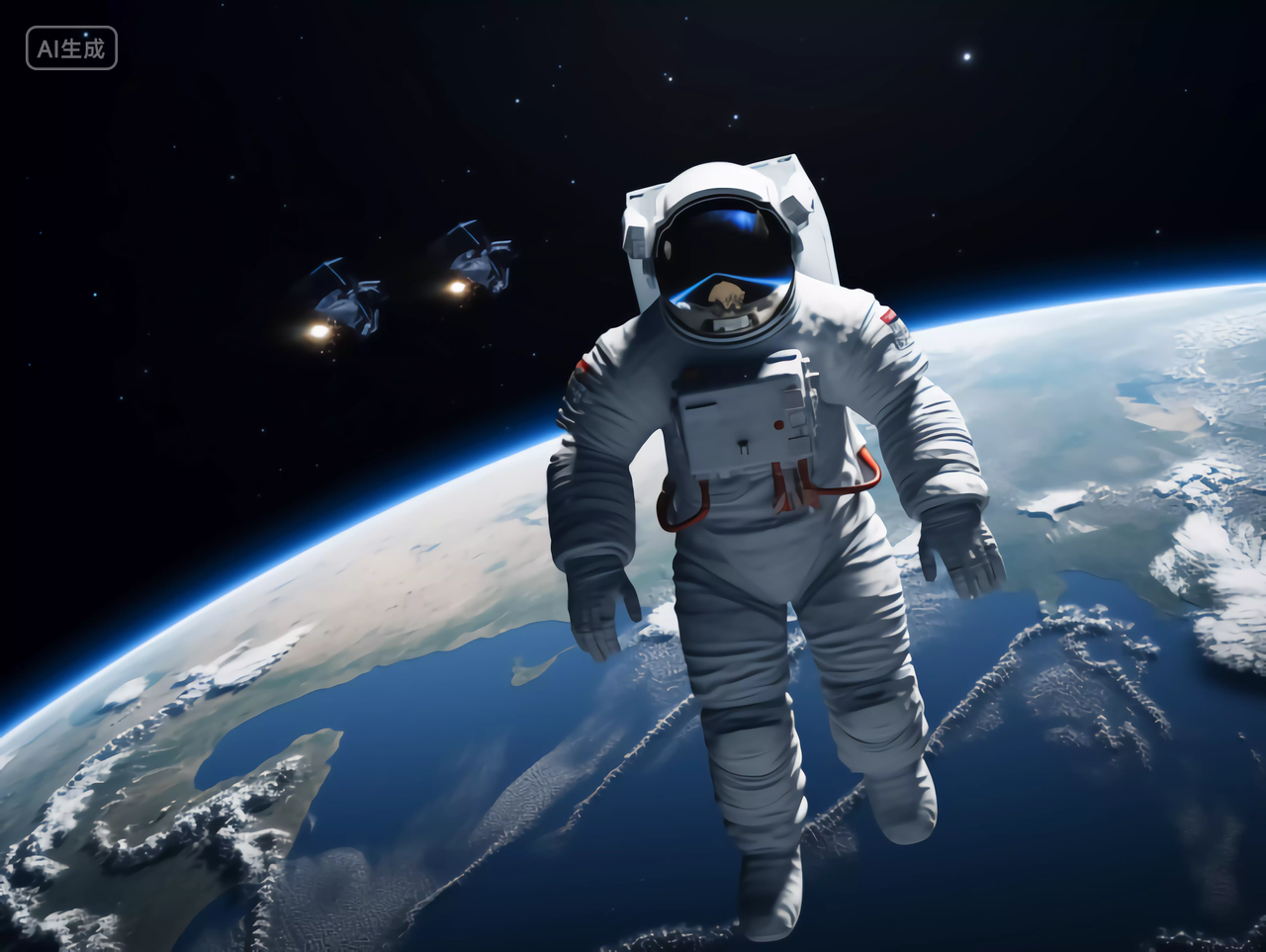 航天科技宇航员漂浮飞越地球太空宇宙探索概念图