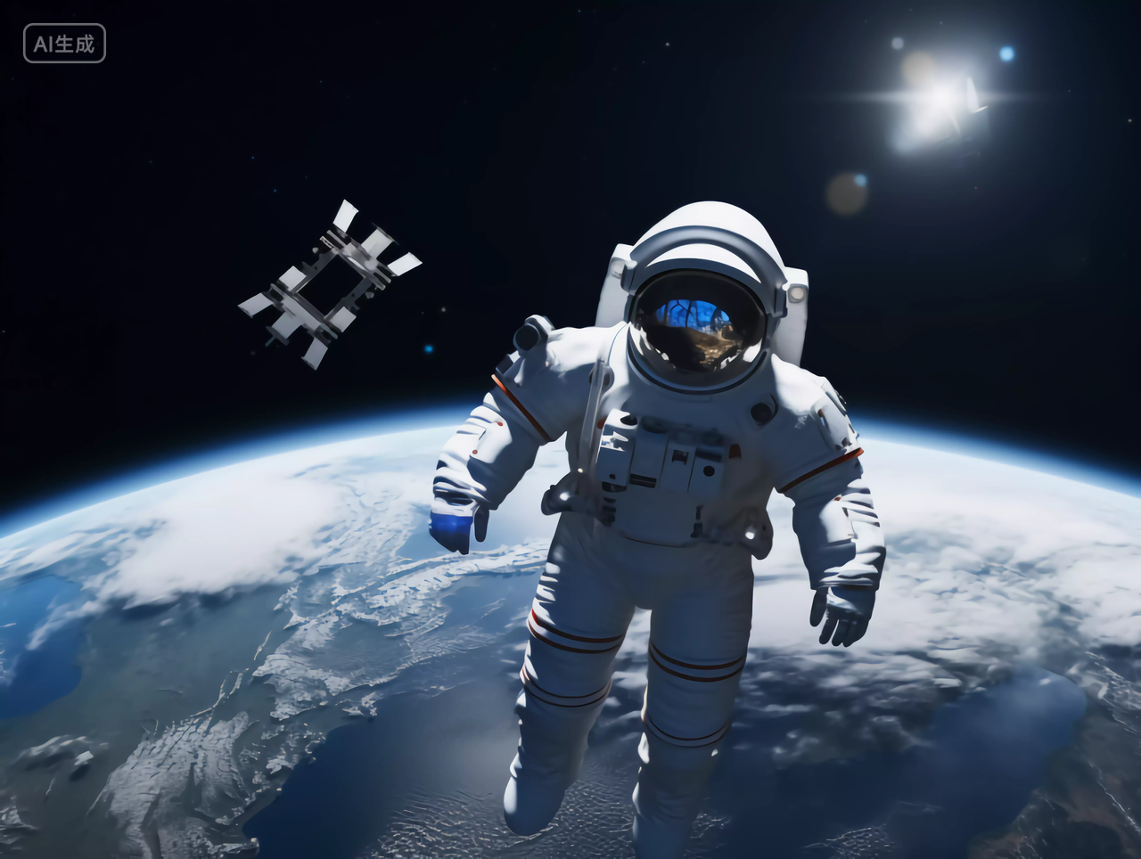 航天科技宇航员漂浮飞越地球太空宇宙探索概念图