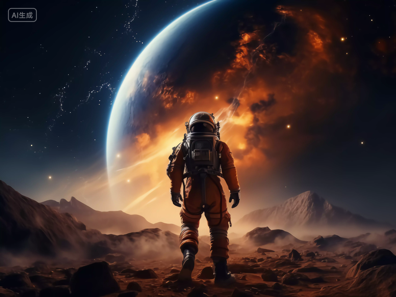 太空漂浮的宇航员走在行星表面探索火星宇宙航天科技概念图