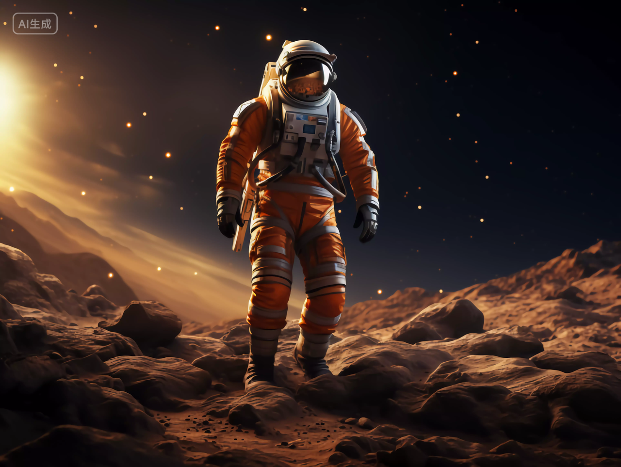 太空漂浮的宇航员走在行星表面探索火星宇宙航天科技概念图