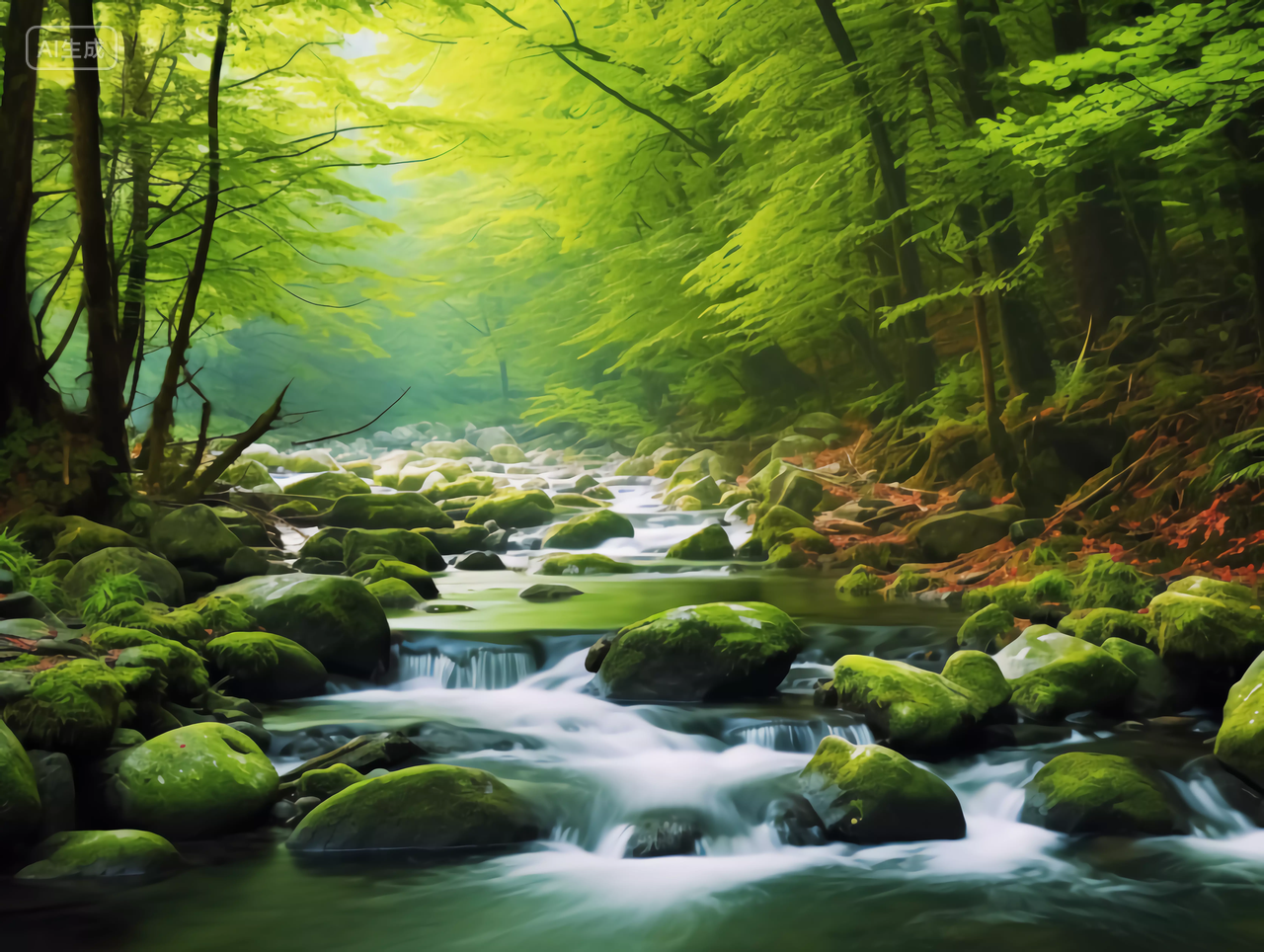 绿色森林树木小溪清澈的溪水森林景观生态312植树节