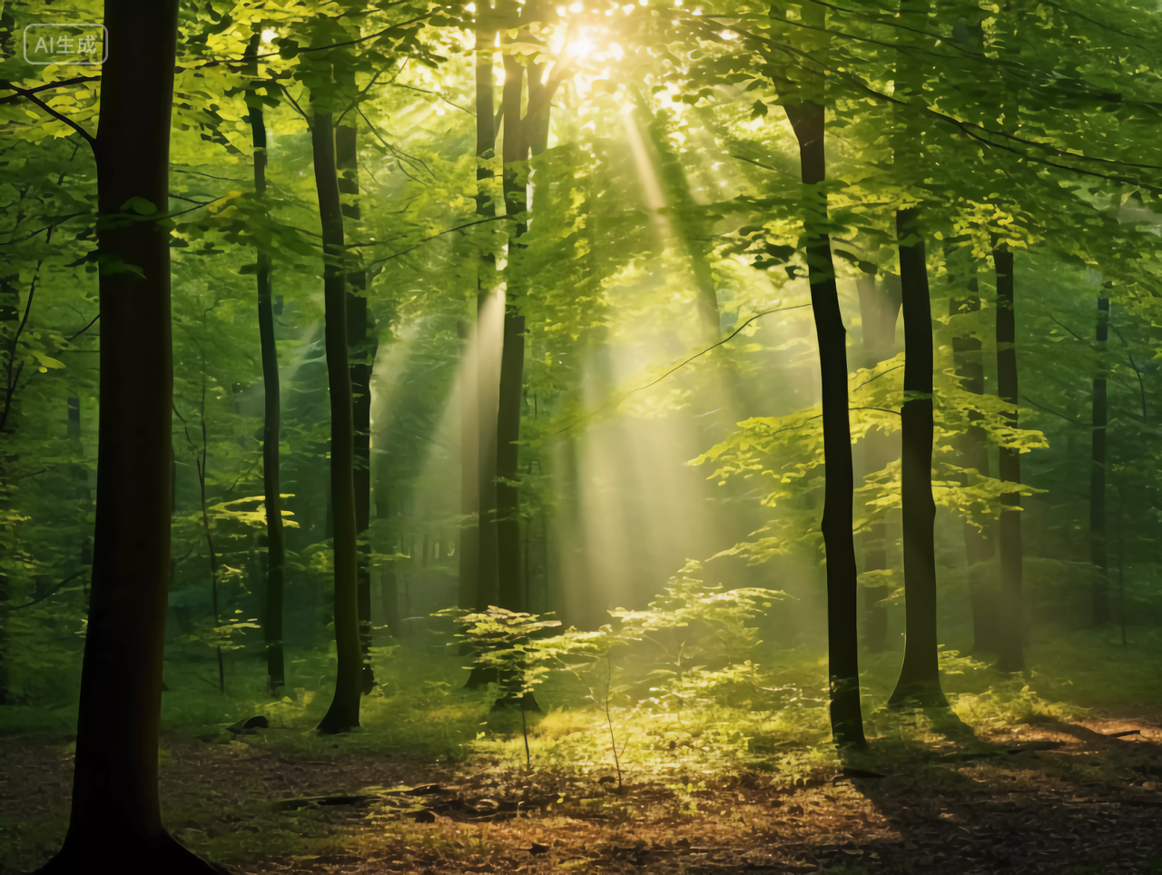 阳光光束穿透树林森林丁达尔效应光的形状