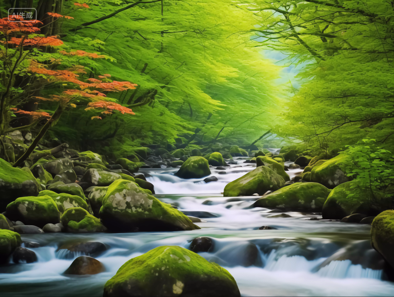 绿色森林树木小溪清澈的溪水森林景观生态312植树节