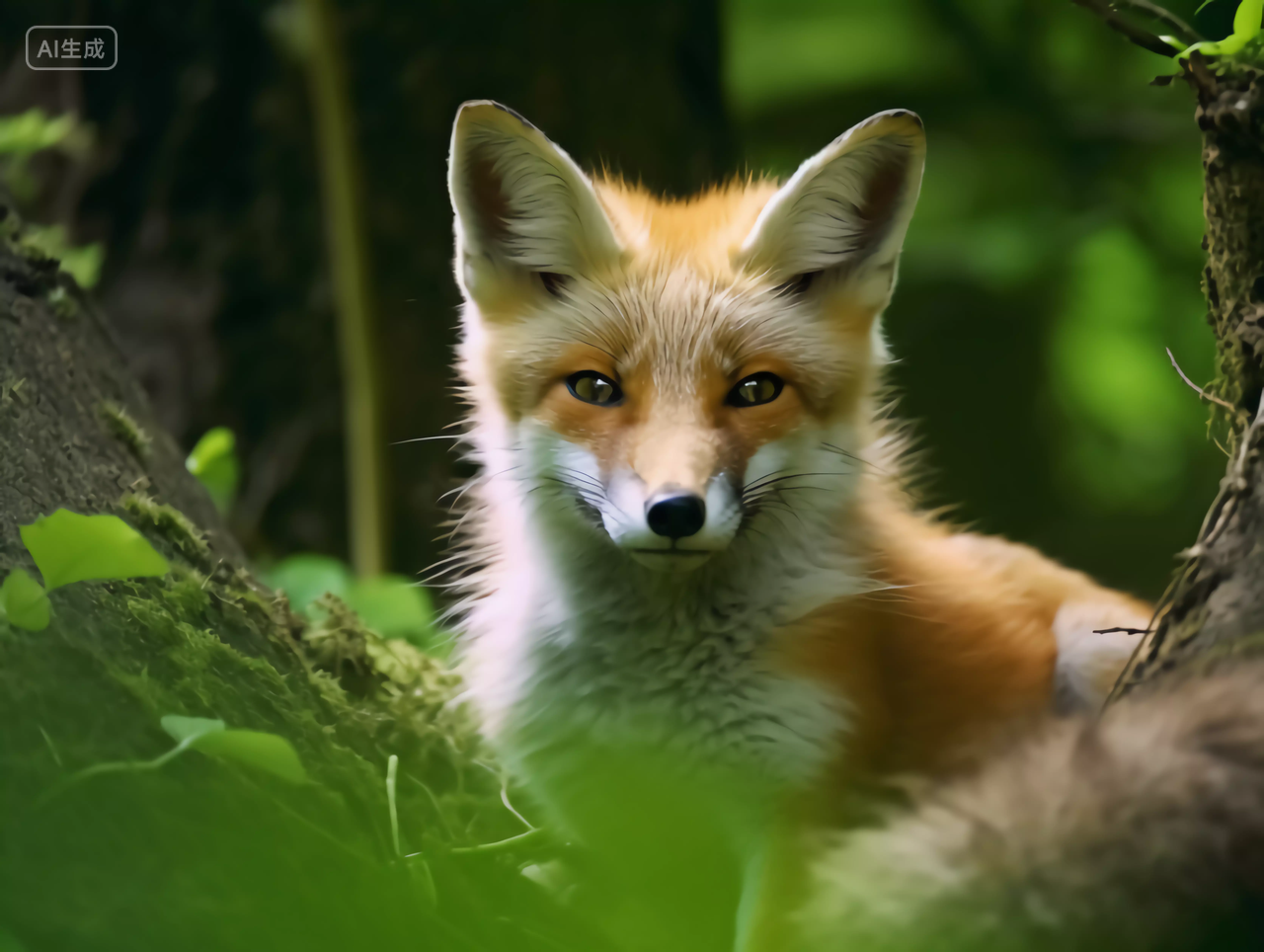 美丽的大自然森林落叶与动物狐狸森林景观生态图
