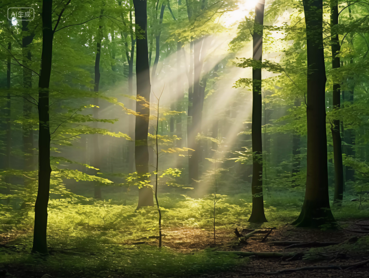 阳光光束穿透树林森林丁达尔效应光的形状