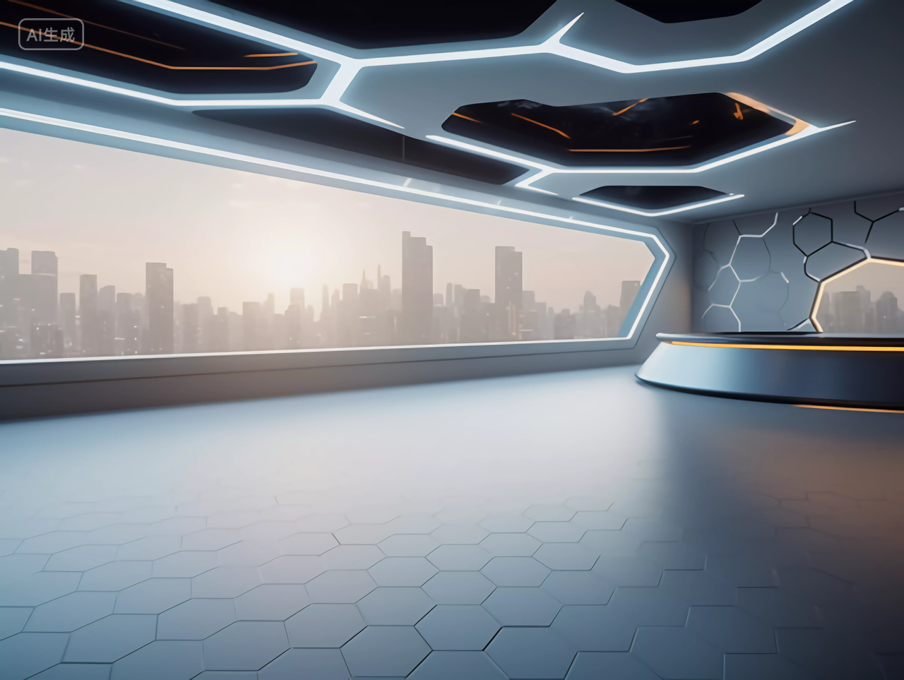 未来科技展厅空旷空间蜂窝状地面白色展厅内景