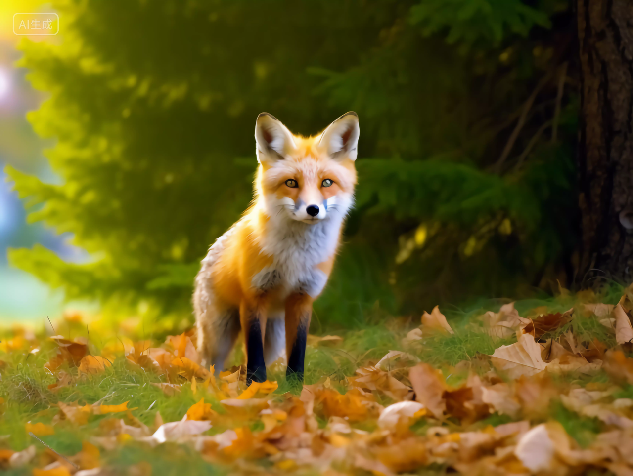 美丽的大自然森林落叶与动物狐狸森林景观生态图