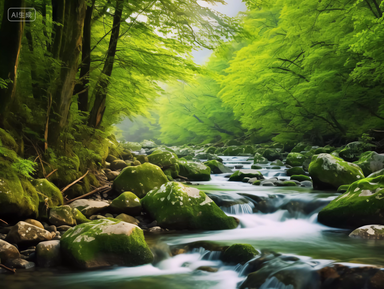 绿色森林树木小溪清澈的溪水森林景观生态312植树节