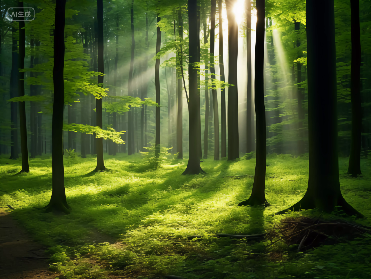 阳光光束穿透树林森林丁达尔效应光的形状