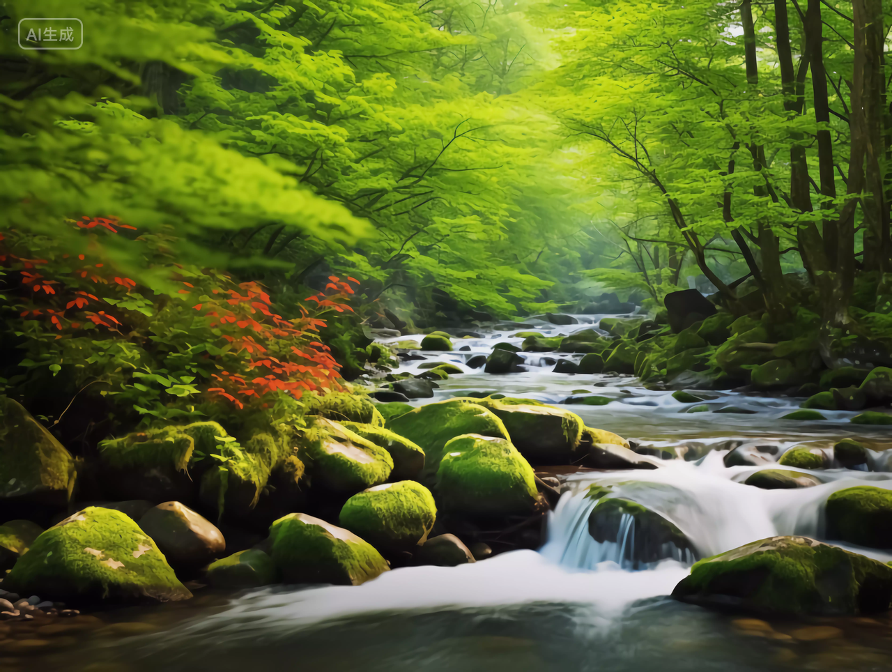 绿色森林树木小溪清澈的溪水森林景观生态312植树节