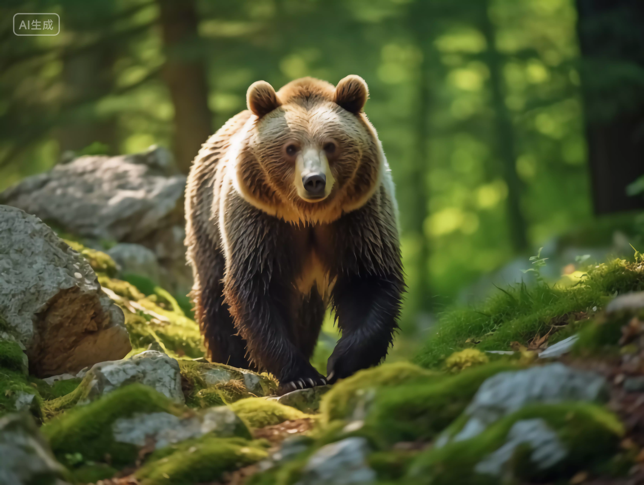 动物棕熊走在森林里的美丽大自然的森林景观生态图