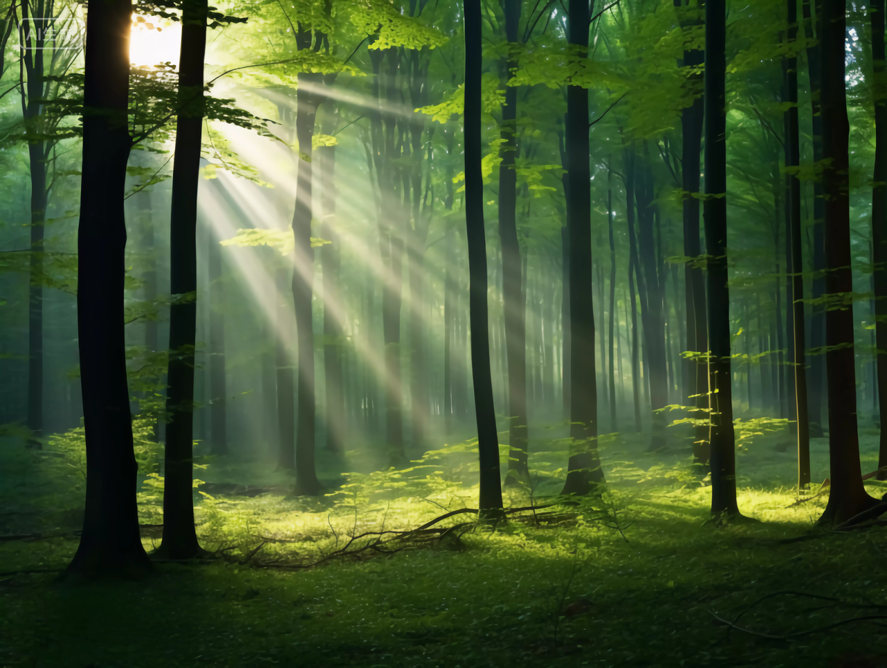 阳光光束穿透树林森林丁达尔效应光的形状