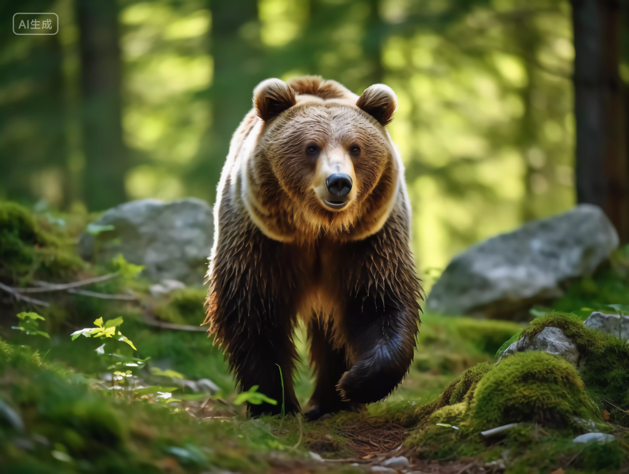 动物棕熊走在森林里的美丽大自然的森林景观生态图