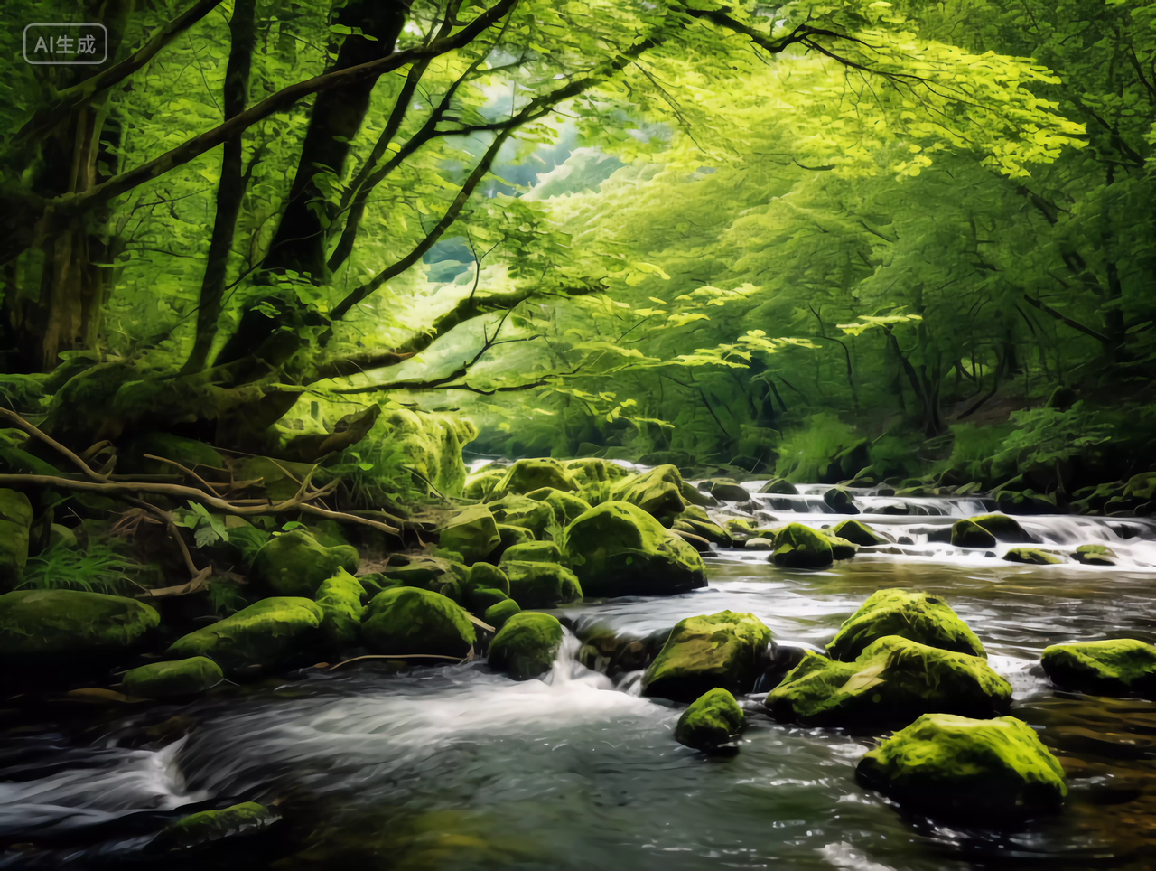 绿色森林树木小溪清澈的溪水森林景观生态312植树节