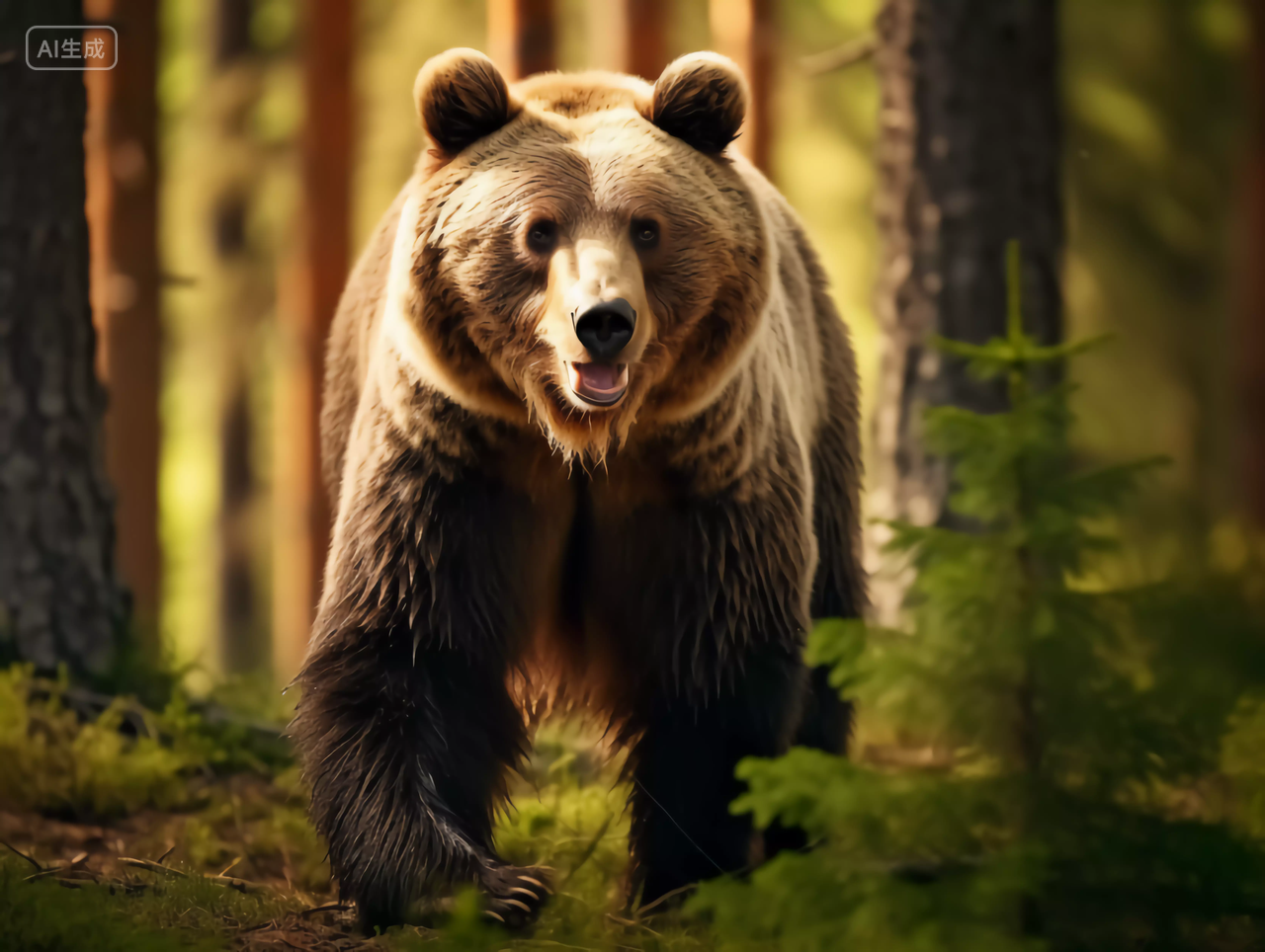 动物棕熊走在森林里的美丽大自然的森林景观生态图