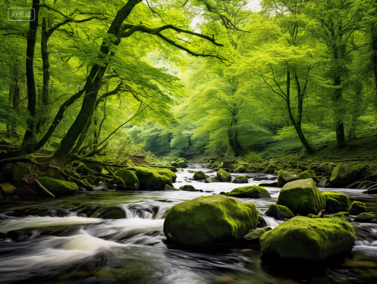 绿色森林树木小溪清澈的溪水森林景观生态312植树节