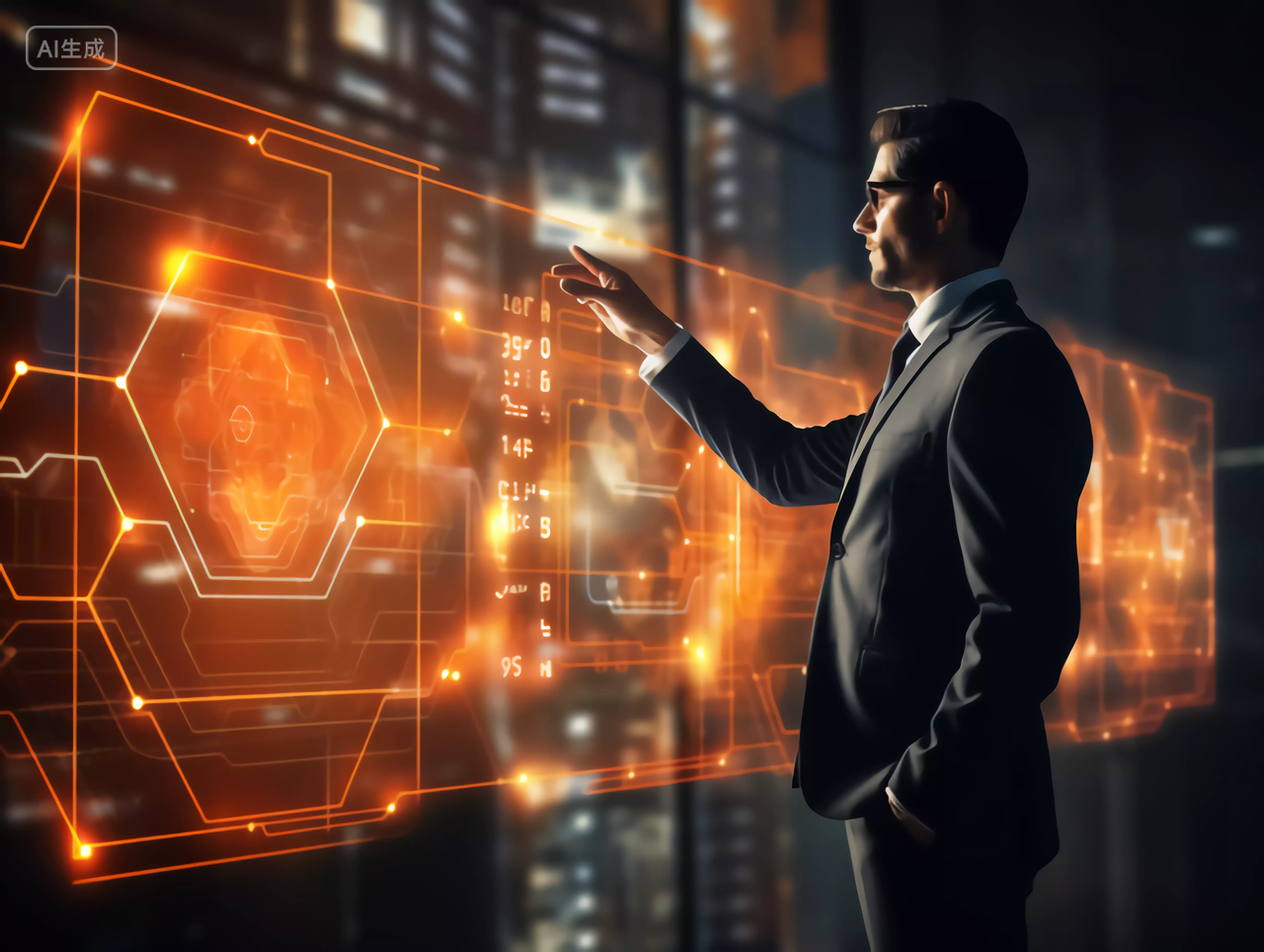 未来商务男性通过全息投影大数据工作场景