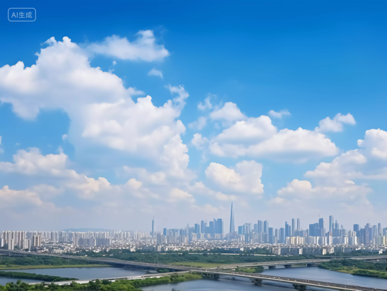 河水两岸的城市建设高楼大厦房地产商业配图蓝天白云明亮背景