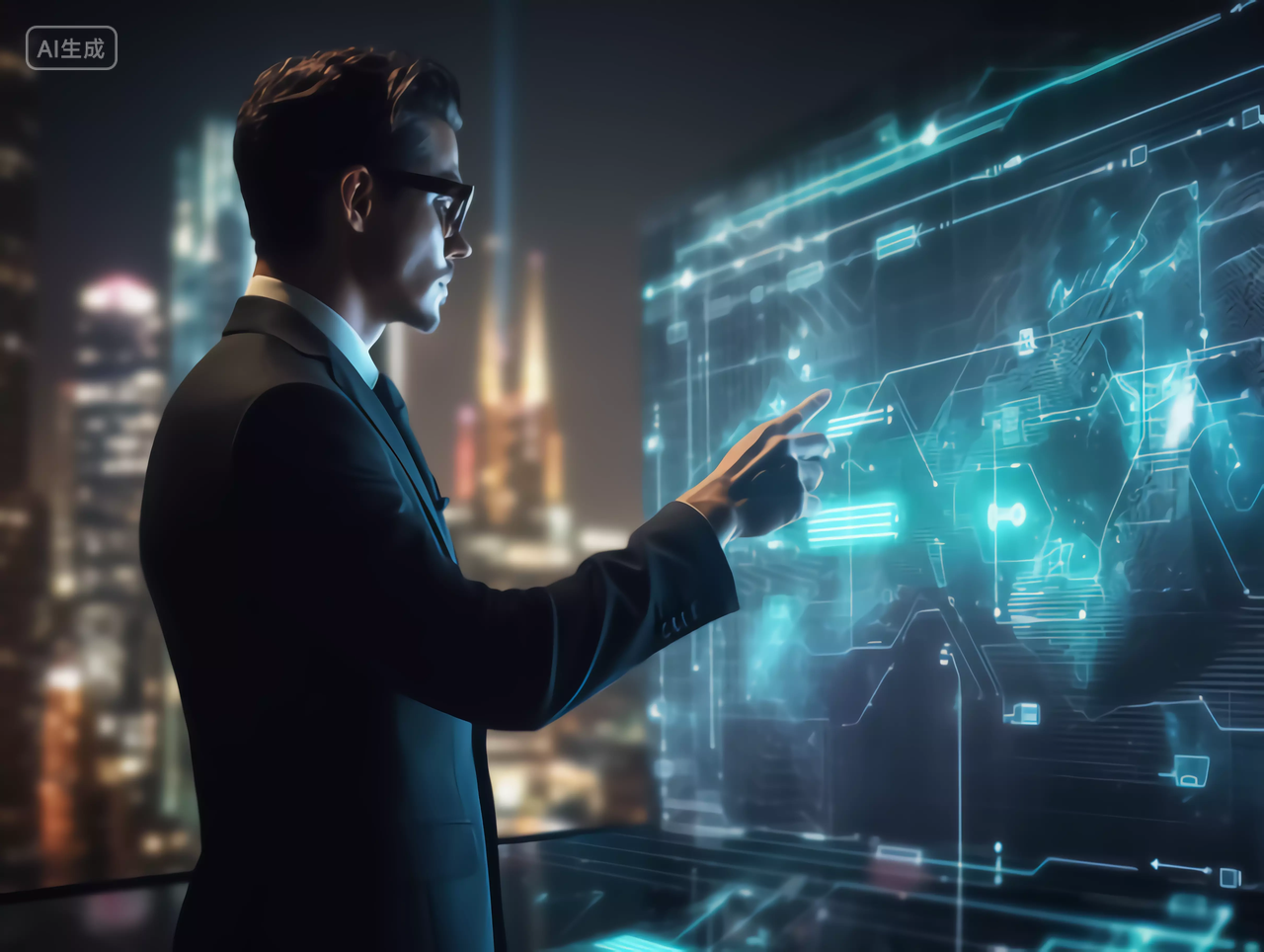 未来商务男性通过全息投影大数据工作场景