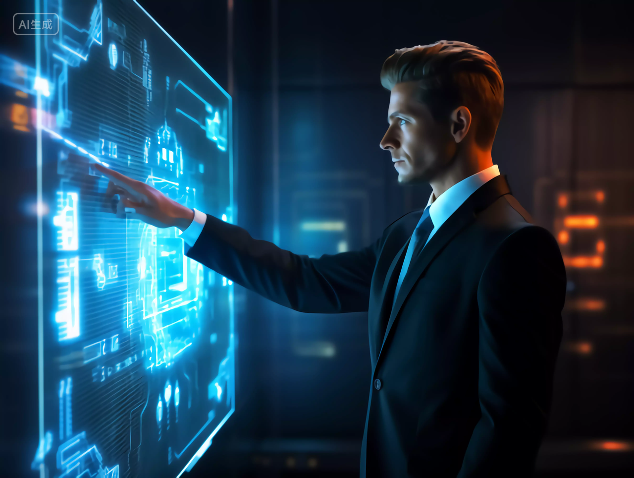 未来商务男性通过全息投影大数据工作场景
